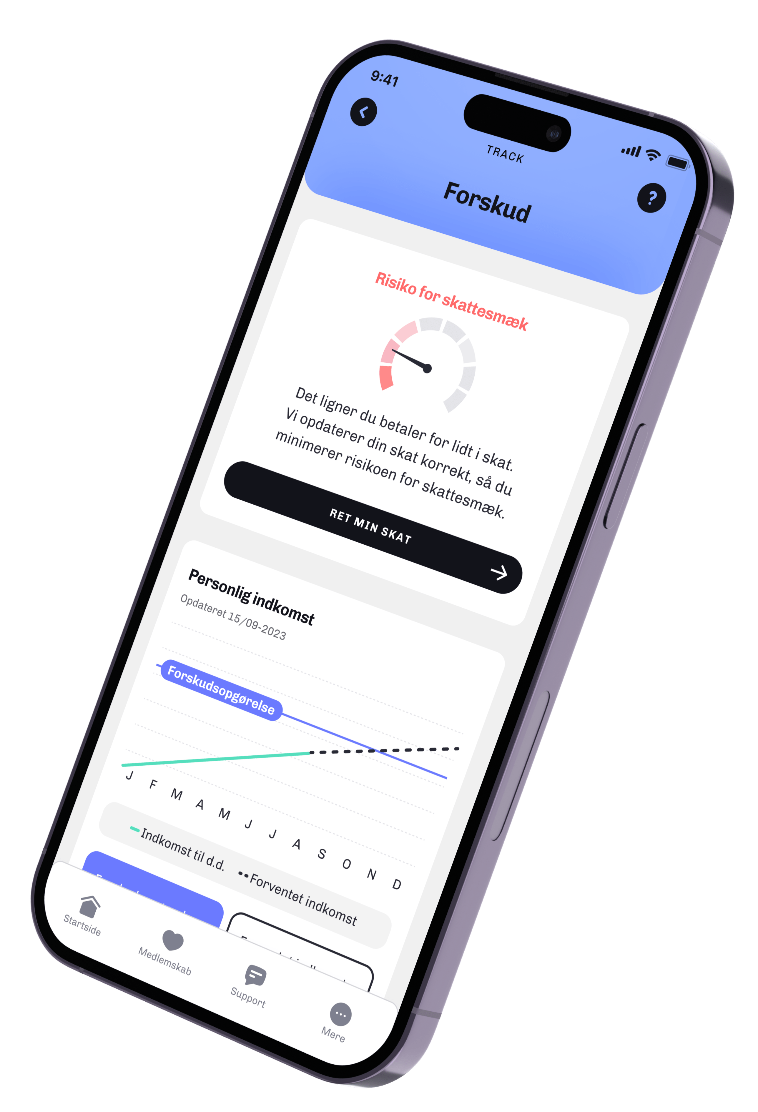 Skatteguiden iPhone app showing live tax forecast, with risk indicator and monthly income graph